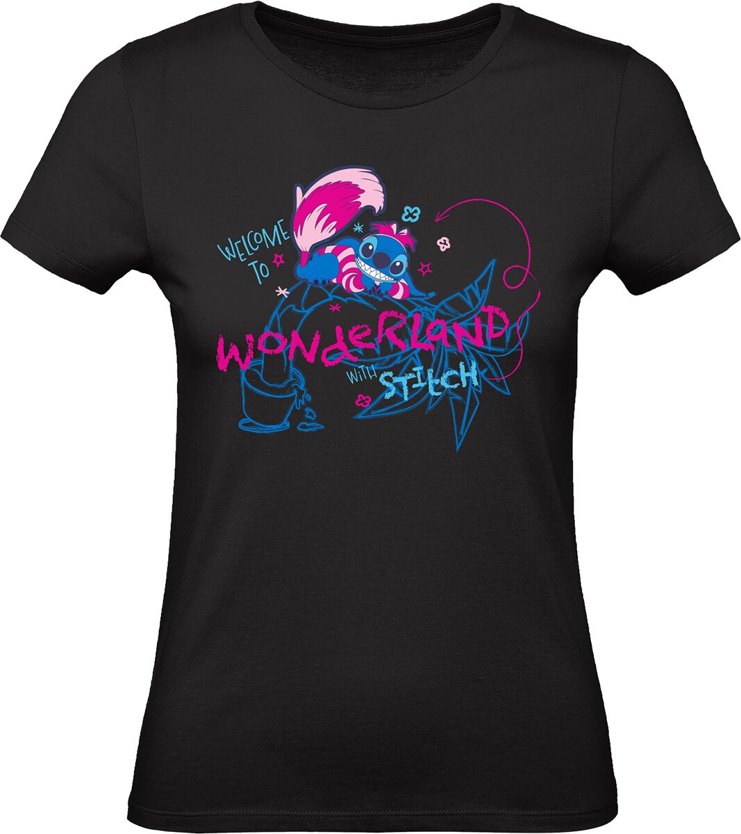 Lilo & Stitch - Disney T-Shirt - Stitch - Grinsekatze - Welcome To Wonderland With Stitch - S bis XXL - für Damen - Größe L - schwarz  - Lizenzierter von Lilo & Stitch