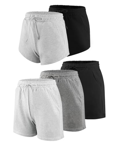 Liloak Damen-Sweatshorts mit Taschen, Lounge-Baumwoll-Shorts, lässig, Workout-Shorts, Kordelzug, Schwarz/Hellgrau/Dunkelgrau, Groß von Liloak