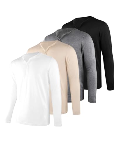 Liloak Henley Shirt Herren Langarm 4er-Pack,Sommer V-Ausschnitt T Shirts Männer mit Knopfleiste von Liloak