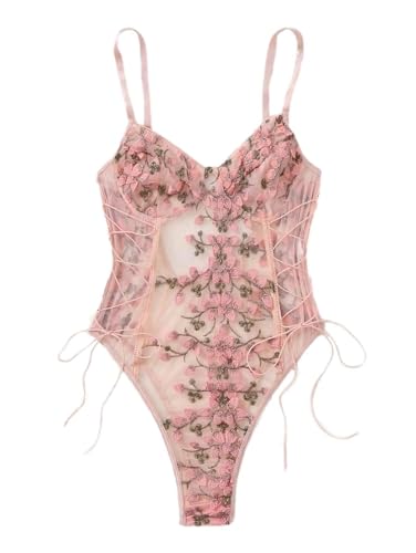 Lilosy Damen Sexy Schnürschuh Blumenstickerei Teddy Dessous Body Top Netzstoff durchsichtig Einteiler, rose, Small Lilosy Damen Sexy Schnürschuh Blumenstickerei Teddy Dessous Body Top Netzstoff durchsichtig Einteiler, rose, Small von Lilosy