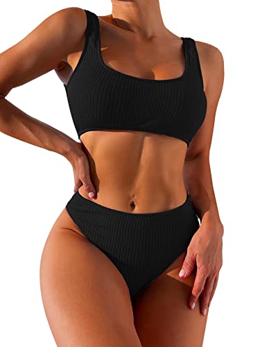 Lilosy Geripptes Tank-Bikini-Set mit hoher Taille, frecher Badeanzug, 2-teilig, Schwarz, Large Lilosy Geripptes Tank-Bikini-Set mit hoher Taille, frecher Badeanzug, 2-teilig, Schwarz, Large von Lilosy