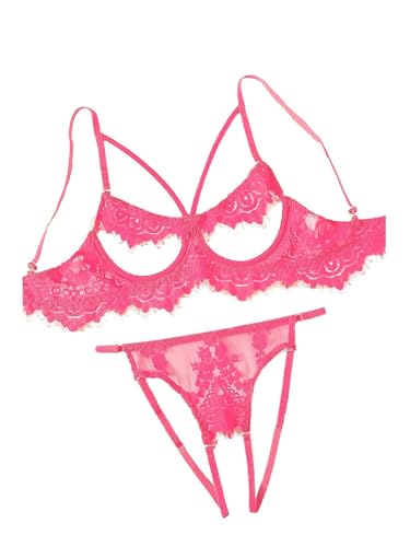 Lilosy Sexy Bügel Wimpern Träger Blumen Spitze Durchsichtig Dessous Set für Frauen Durchsichtiger BH und Höschen 2 Stück, Knallpink (Hot Pink), Large von Lilosy