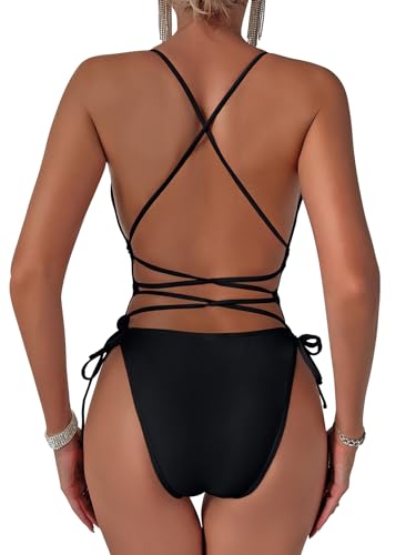 Lilosy Sexy Criss Cross Lace Up Plunge Einteiliger Badeanzug String Tie Seite Frecher Badeanzug, Schwarz, Medium von Lilosy