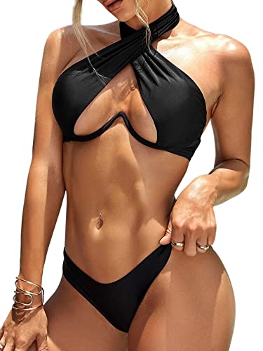 Lilosy Sexy Cutout One Shoulder High Cut Thong Brazilian Bikini Swimsuit Set for Women Cheeky Bottom Padded Bathing Suit 2 Piece Black X-Large von Lilosy