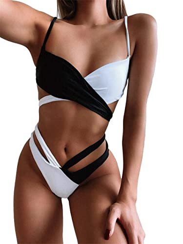 Lilosy Sexy Cutout Two Color Block High Cut Thong Brazilian Bikini Swimsuit Set for Women Cheeky Bottom Padded Bathing Suit 2 Piece Black and White Large von Lilosy