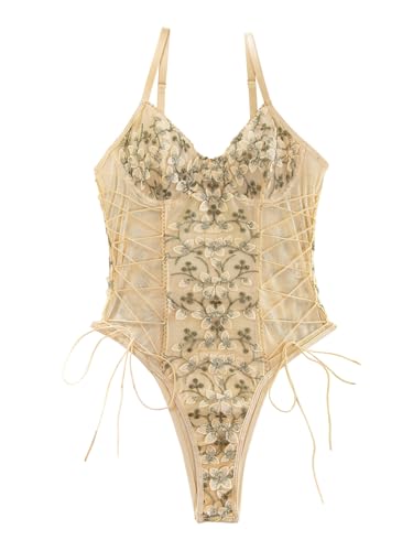 Lilosy Sexy Damen-Dessous, Schnürung, Blumenstickerei, Teddy, Dessous, Body, Top, Netzstoff, durchsichtig, Einteiler, Beige, S Lilosy Sexy Damen-Dessous, Schnürung, Blumenstickerei, Teddy, Dessous, Body, Top, Netzstoff, durchsichtig, Einteiler, Beige, S von Lilosy