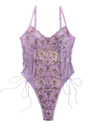 Lilosy Sexy Damen-Dessous, mit Schnürung und Blumenmuster, bestickt, Einteiler - Violett - Klein von Lilosy