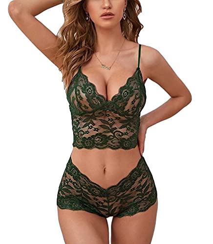 Lilosy Sexy Fliege Hohe Taille Floral Spitze Sheer Everyday Dessous Set Longline BH und High Cut Panty 2 Stück - Grün - Mittel von Lilosy