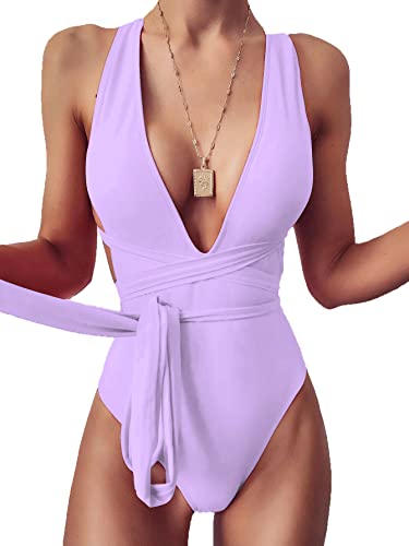 Lilosy Sexy Krawatte Criss Cross Plunge Einteiler Tanga Badeanzug Hoch Geschnitten Brasilianischen Badeanzug, Helles Violett, Medium von Lilosy