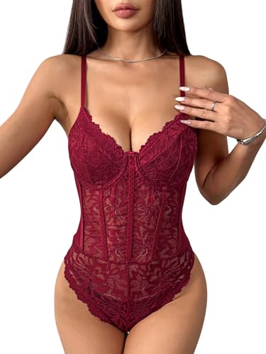 Lilosy Sexy Netz-Korsett mit durchscheinender floraler Spitze, Dessous, Bodysuit, Bustier, Cami-Top, Weinrot, Large Lilosy Sexy Netz-Korsett mit durchscheinender floraler Spitze, Dessous, Bodysuit, Bustier, Cami-Top, Weinrot, Large von Lilosy