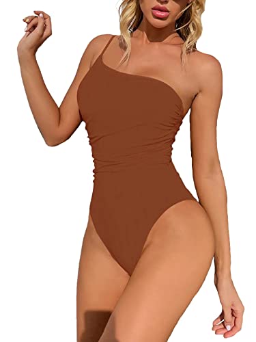 Lilosy Sexy One Shoulder Tummy Control Ruched Badeanzug High Cut Brazilian Bathing Suit 1 Piece, Gerafftes Kaffeebraun, Medium von Lilosy