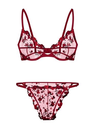 Lilosy Sexy Push-Up-Dessous-Set mit Blumenstickerei, Bügel, durchsichtiger BH und Höschen, 2-teilig, Blume/Rot, Medium von Lilosy