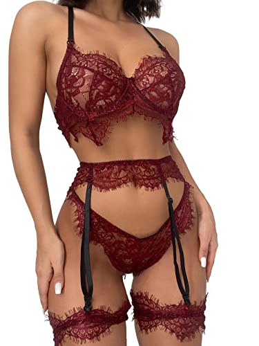 Lilosy Sexy Strapsgürtel, Dessous-Set für Damen, mit Bügel, Push-Up-Strümpfe, Blumenspitze, durchsichtig, 3-teilig, Halfter bordeaux rot, Medium von Lilosy