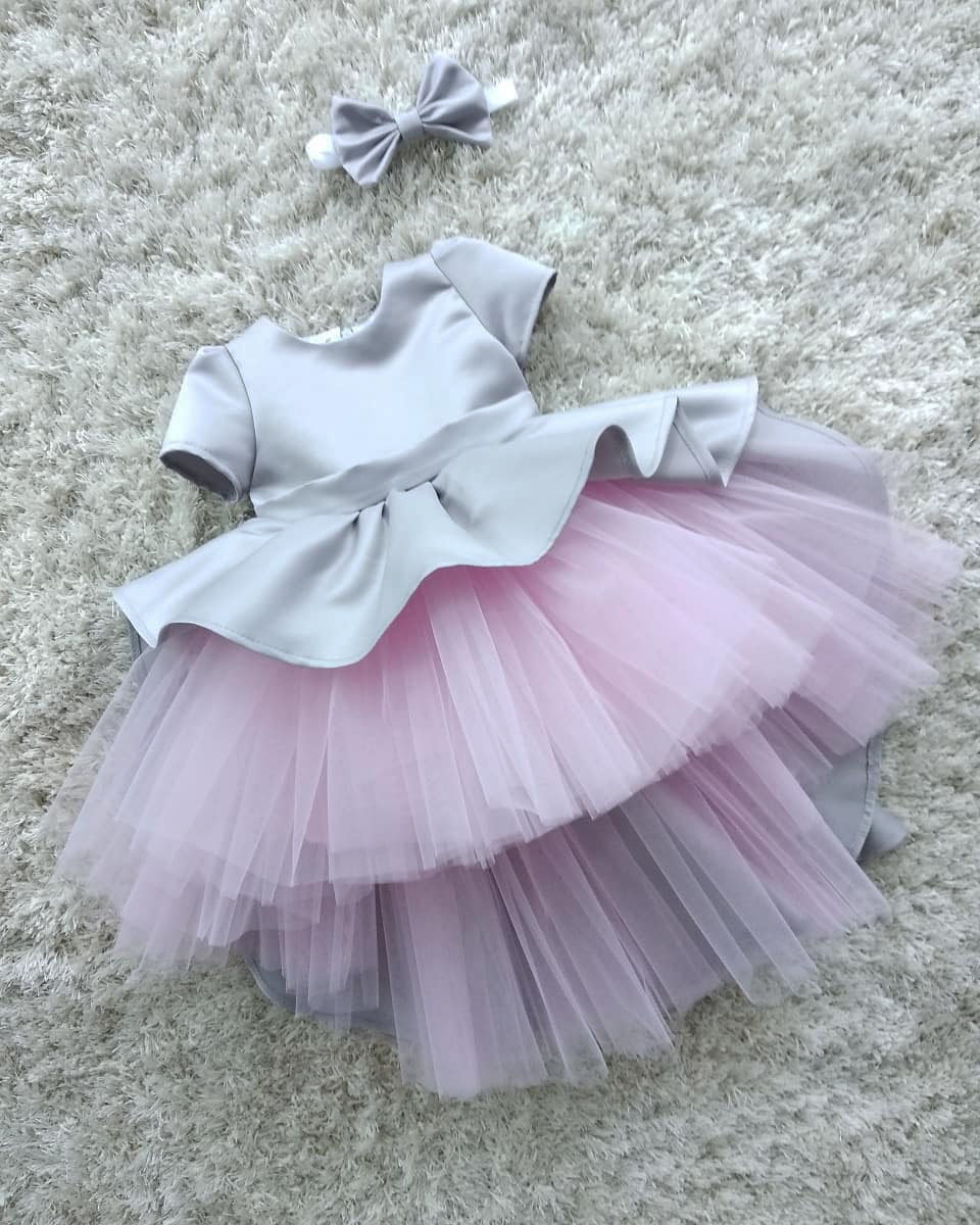 Schöne Rosa Grau Satin Kleid Mädchen Tüll Erster Geburtstag Outfit Tutu Kleinkind Partykleid Fancy Große Schleife von LilsBrand