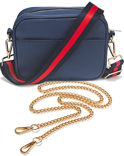 Lily England Crossbody Bag für Damen mit breiter Gurt & extra Kette - Premium Umhängetasche aus veganem Leder gemacht - Sichere Crossbag mit großen Reißverschlussfächern, Navy blau von Lily England