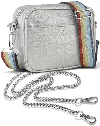 Lily England Crossbody Bag für Damen mit breiter Gurt & extra Kette - Premium Umhängetasche aus veganem Leder gemacht - Sichere Crossbag mit großen Reißverschlussfächern, Silber von Lily England