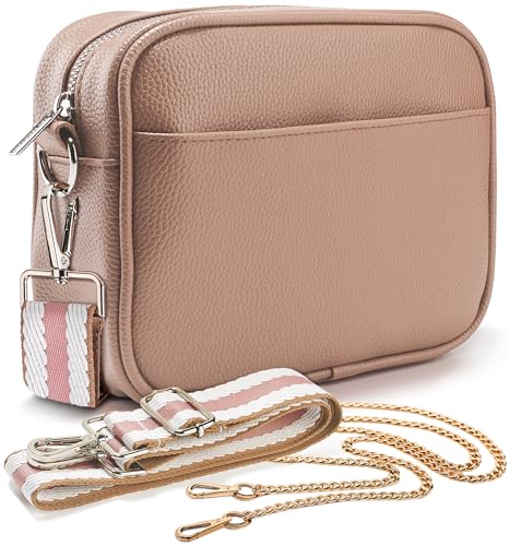 Lily England Crossbody Bag für Damen mit breiter Gurt & extra Kette - Premium Umhängetasche aus veganem Leder gemacht - Sichere Crossbag mit großen Reißverschlussfächern, Hellbraune von Lily England