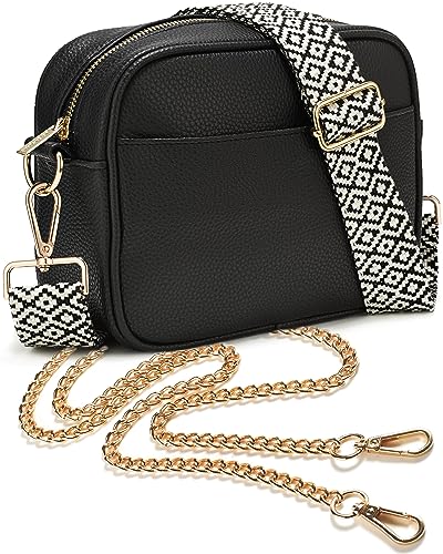 Lily England Crossbody Bag für Damen Schwarz mit breiter Gurt & extra Kette - Premium Umhängetasche aus veganem Leder gemacht - Sichere Crossbag mit großen Reißverschlussfächern von Lily England