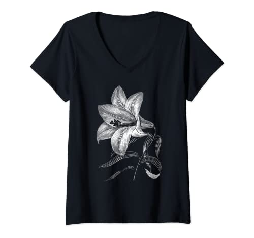 Damen Lilien-Blume, Retro, Vintage, florales Muster, Geschenk, weiße Lilie T-Shirt mit V-Ausschnitt Damen Lilien-Blume, Retro, Vintage, florales Muster, Geschenk, weiße Lilie T-Shirt mit V-Ausschnitt von Lily Flower Big White Line Art