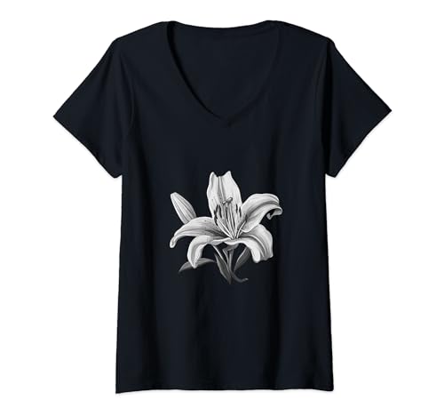 Damen Weiße Lilie, Retro, Vintage, Blumenmuster T-Shirt mit V-Ausschnitt Damen Weiße Lilie, Retro, Vintage, Blumenmuster T-Shirt mit V-Ausschnitt von Lily Flower Big White Line Art