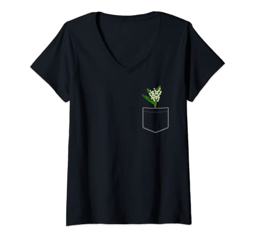 Damen Maiglöckchen in Ihrer Tasche T-Shirt mit V-Ausschnitt Damen Maiglöckchen in Ihrer Tasche T-Shirt mit V-Ausschnitt von Lily of the Valley Flower