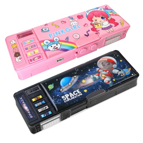 【2 Stück】 Pop-Up-Multifunktions-Federmäppchen für Mädchen und Jungen, niedliche Cartoon-Stiftebox, Organizer, Schreibwaren mit Schloss, Spitzer, Zeitplan, Whiteboard, Schulbedarf (rosa + schwarz) von LilyBeauty