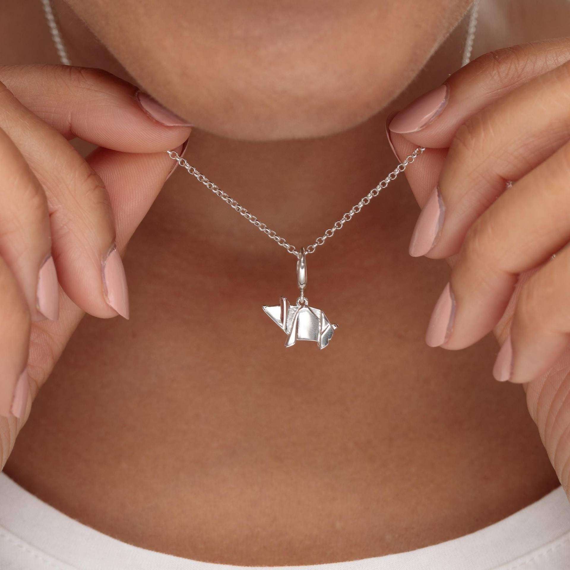 sterling Silber Origami Schwein Anhänger Halskette Verstellbare Silberkette | 40-45 cm von LilyCharmed