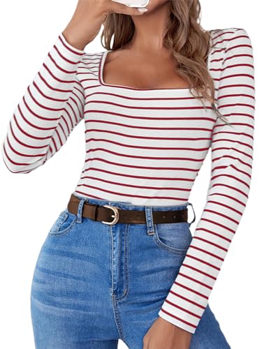 LilyCoco Damen Langarm Bodysuit Gestreiftes Shirt Quadratischer Ausschnitt Body Anzug Tops, Gestreift Rot Weiß, S von LilyCoco