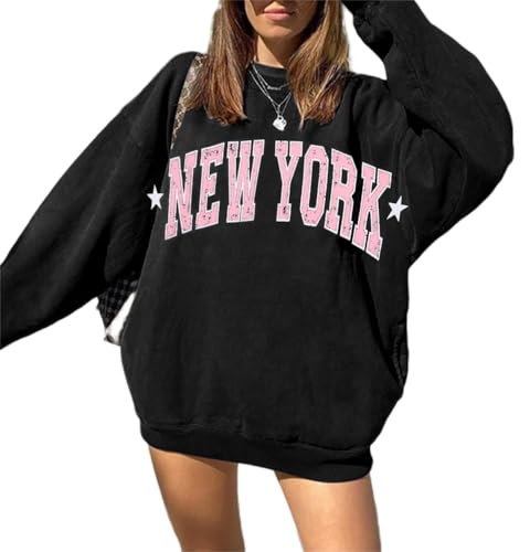 LilyCoco Damen Oversized Sweatshirts Langarm Rundhalsausschnitt Grafik Pullover Sweatshirt, Black New York, M von LilyCoco