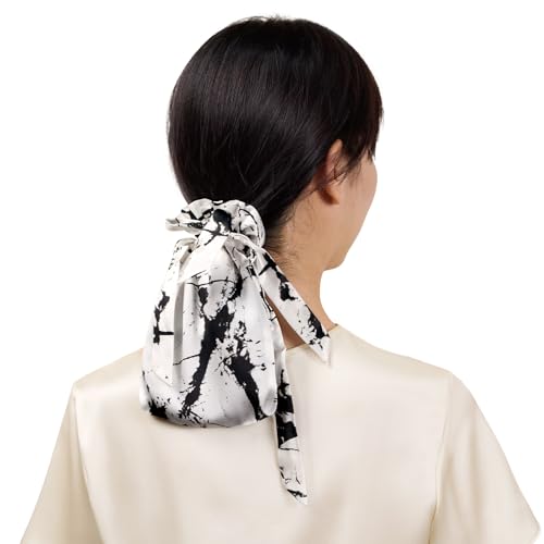 LILYSILK 100% Maulbeerseide Haargummis 2er Set Damen Reine Seiden Haarbänder Mit Aufbewahrungsbeutel Haarpflege,Weißer Marmor Muster von LilySilk