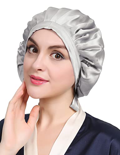LilySilk 100% Maulbeerseide Schlafmütze rutschfest verstellbar und atmungsaktiver Kopfbedeckung Seidenhaube zum Schlafen Nachtmütze mit elastischem Band für alle Haartypen,Silbergrau von LilySilk
