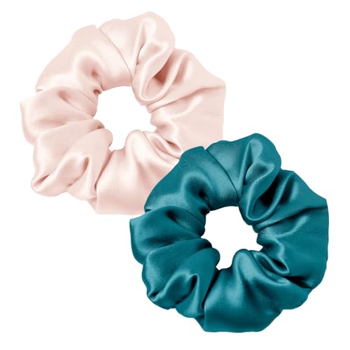 LILYSILK 100% Seide Haarringe Damen Pferdeschwanzhalter Haarband aus Seide, Seide Haargummis Verpackung MEHRWEG(Adriablau+Blassrosa) von LilySilk