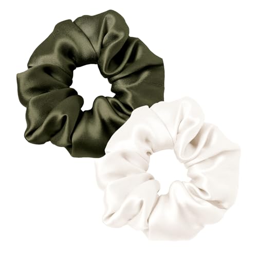 LILYSILK 100% Seide Haarringe Damen Pferdeschwanzhalter Haarband aus Seide, Seide Haargummis Verpackung MEHRWEG(Dunkles Oliv+Elfenbein) von LilySilk