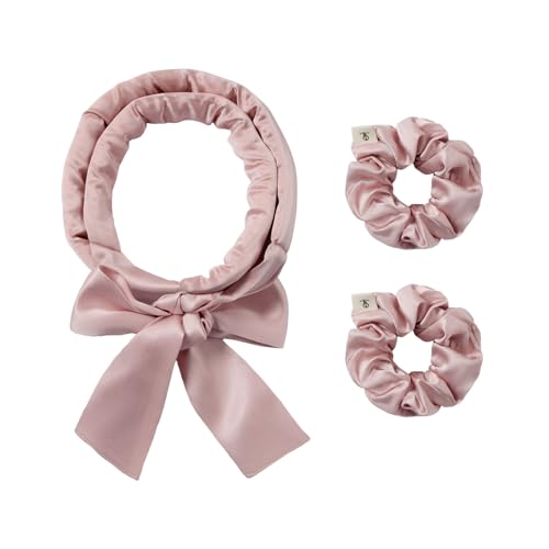 LILYSILK Damen 100% Seide Lockenwickler ohne Hitze 3-teiliges Set seidengefüllte Lockenwicklerstäbe mit verstellbarem Schleifenband frizzfrei über Nacht(Altrosa) von LilySilk