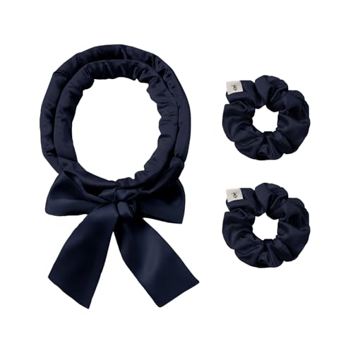LILYSILK Damen 100% Seide Lockenwickler ohne Hitze 3-teiliges Set seidengefüllte Lockenwicklerstäbe mit verstellbarem Schleifenband frizzfrei über Nacht(Dunkelblau) von LilySilk