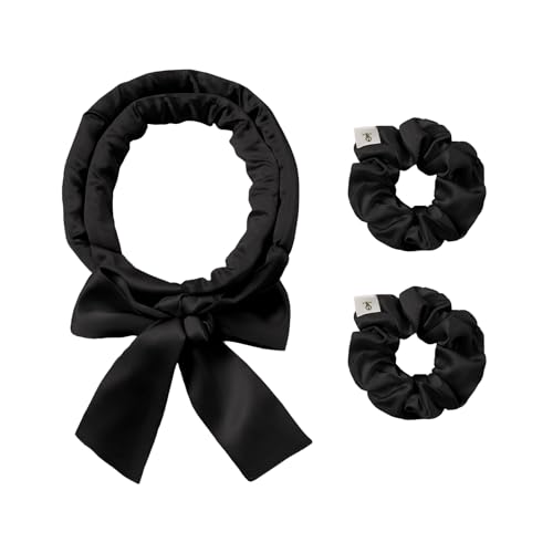 LILYSILK Damen 100% Seide Lockenwickler ohne Hitze 3-teiliges Set seidengefüllte Lockenwicklerstäbe mit verstellbarem Schleifenband frizzfrei über Nacht(Schwarz) von LilySilk