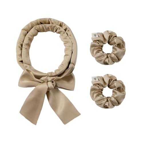 LILYSILK Damen 100% Seide Lockenwickler ohne Hitze 3-teiliges Set seidengefüllte Lockenwicklerstäbe mit verstellbarem Schleifenband frizzfrei über Nacht(Taupe) von LilySilk
