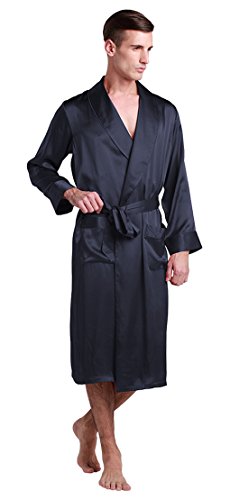 LILYSILK Seide Morgenmantel Herren Nachtwäsche 100% Maulbeerseide Badmantel - L Dunkel Blau Verpackung MEHRWEG von LilySilk