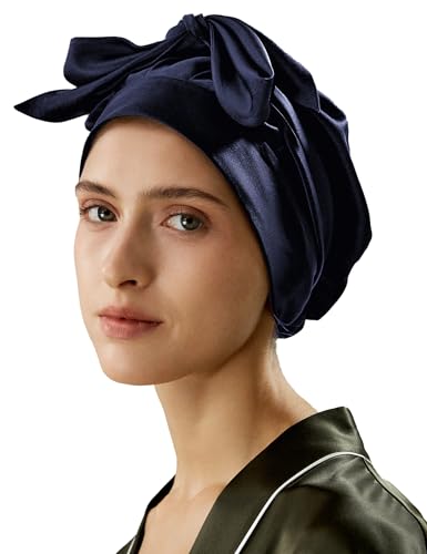 LilySilk 100% Reine Maulbeerseide Schlafmütze für Damen Natürliche Seidenmütze zum Schlafen und Haarpflege Nachthaarwickel mit langem elastischem Band zum Halten, Blau von LilySilk