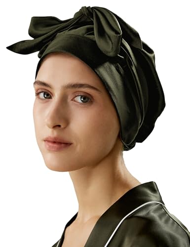 LilySilk 100% Reine Maulbeerseide Schlafmütze für Damen Natürliche Seidenmütze zum Schlafen und Haarpflege Nachthaarwickel mit langem elastischem Band zum Halten, Dunkles Oliv von LilySilk