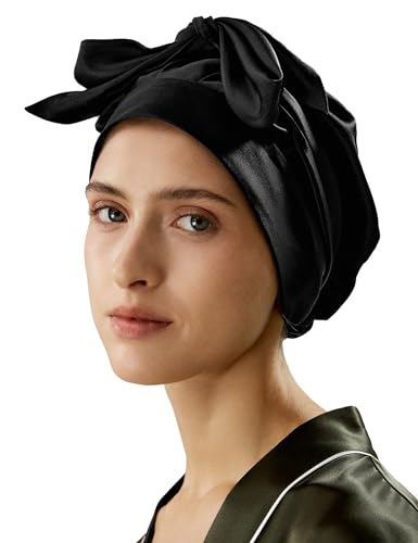 LilySilk 100% 22MM Reine Maulbeerseide Schlafmütze für Damen Natürliche Seidenmütze zum Schlafen und Haarpflege Nachthaarwickel mit langem elastischem Band zum Halten,Schwarz von LilySilk