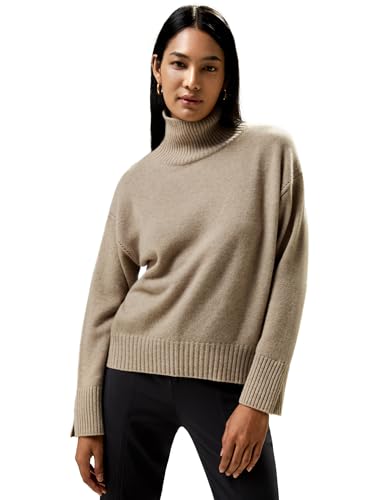 LilySilk 100% Kaschmir Pullover für Damen Oversized Basic Rollkragenpullover Schlitz vorne kürzer & hinten länger Relaxeder Herbst Winter(Beige,L von LilySilk