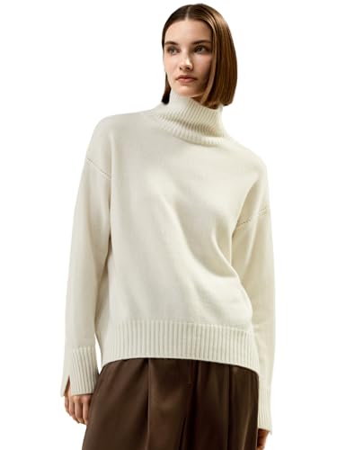 LilySilk 100% Kaschmir Pullover für Damen Oversized Basic Rollkragenpullover Schlitz vorne kürzer & hinten länger Relaxeder Herbst Winter(Weiß,M von LilySilk