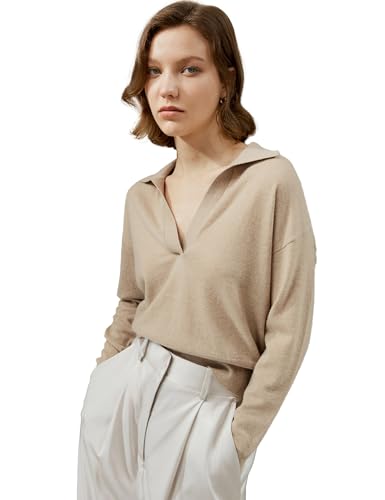 LilySilk 100% Kaschmir Pullover für Frauen Poloshirt Stil Pullover v Ausschnitt Leichte weiche Langarm Stricktops(Helles Kamel,S von LilySilk