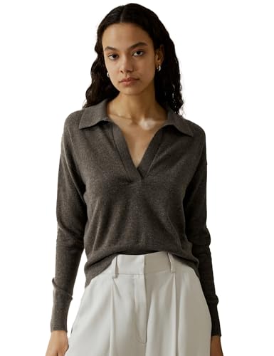 LilySilk 100% Kaschmir Pullover für Frauen Poloshirt Stil Pullover v Ausschnitt Leichte weiche Langarm Stricktops(Kaffee,M von LilySilk