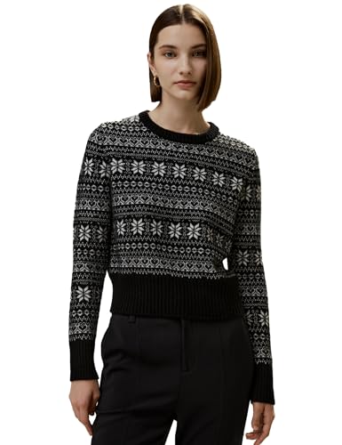 LilySilk 100% Kaschmirpullover für Damen Gekürzter Damenpullover Rundhals mit eleganten Fair Isle-Mustern(Schwarz Mit Schneeflocken,M) von LilySilk