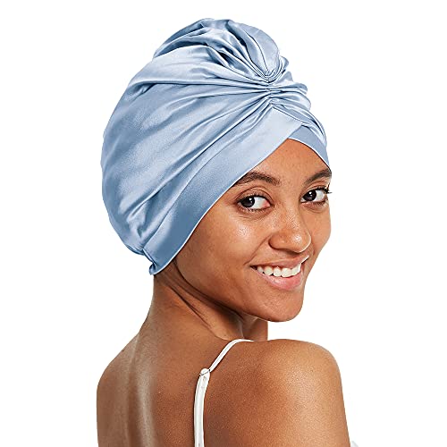 LilySilk 100% Maulbeerseide Schlafmütze für lockiges Haar 19 Momme Seide Bonnet Nacht Schlafmütze Kopfbedeckung Haarwickel für Frauen mit elastischem Band，Blau von LilySilk