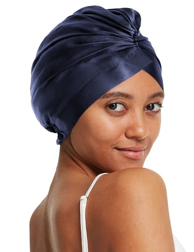 LilySilk 100% Maulbeerseide Schlafmütze für lockiges Haar 19 Momme Seide Bonnet Nacht Schlafmütze Kopfbedeckung Haarwickel für Frauen mit elastischem Band,Dunkelblau von LilySilk