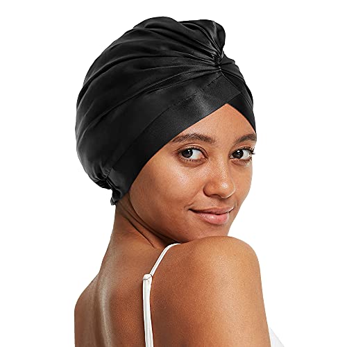 LilySilk 100% Maulbeerseide Schlafmütze für lockiges Haar 19 Momme Seide Bonnet Nacht Schlafmütze Kopfbedeckung Haarwickel für Frauen mit elastischem Band，Schwarz von LilySilk