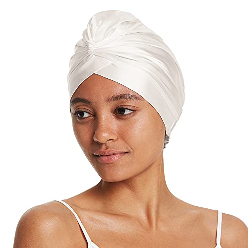 LilySilk 100% Maulbeerseide Schlafmütze für lockiges Haar 19 Momme Seide Bonnet Nacht Schlafmütze Kopfbedeckung Haarwickel für Frauen mit elastischem Band，Weiß von LilySilk